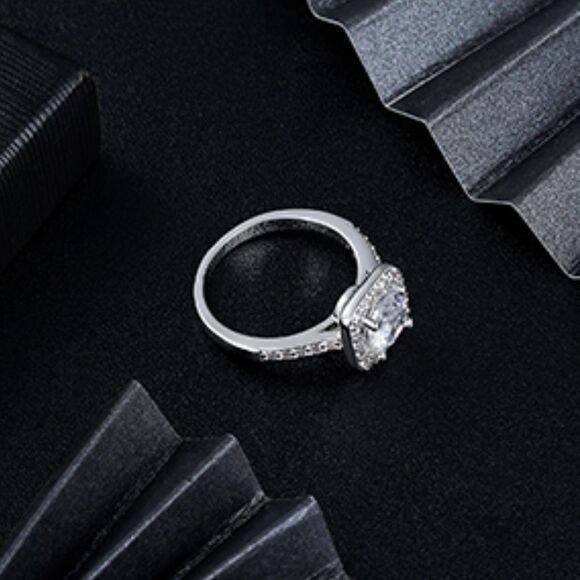 Silver Rhodium and White Diamond Cubic Zirconia Square Halo Ring - Picture 8 of 13